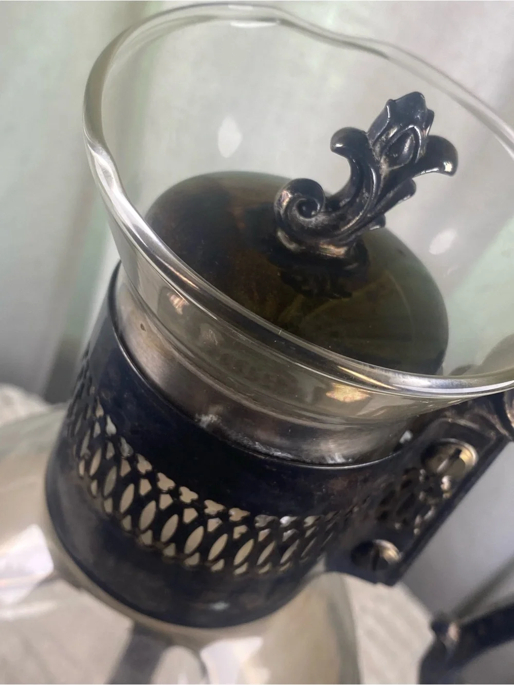 Vintage FB Rogers Silverplate Glass Coffee Carafe & Clawfoot Warmer Stand
